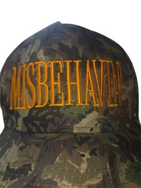 Misbehavin' Embroidered Camo Baseball Cap - Olive/Gold